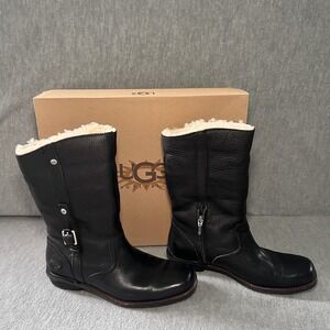 UGG Bellevue Women's Black Leather 9 Sheepskin Lined Boots MSRP‎ $249 Box Riding
